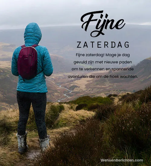 Fijne-zaterdag-wensen-van-avonturen-vrouwelijke-wandelaar